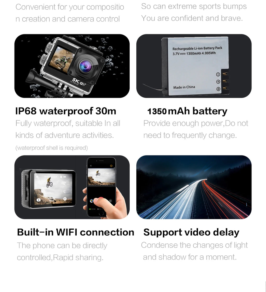 Sony IMX576 5K 4K 60FPS Waterproof 48MP Wi-Fi Action Camera for Adventure