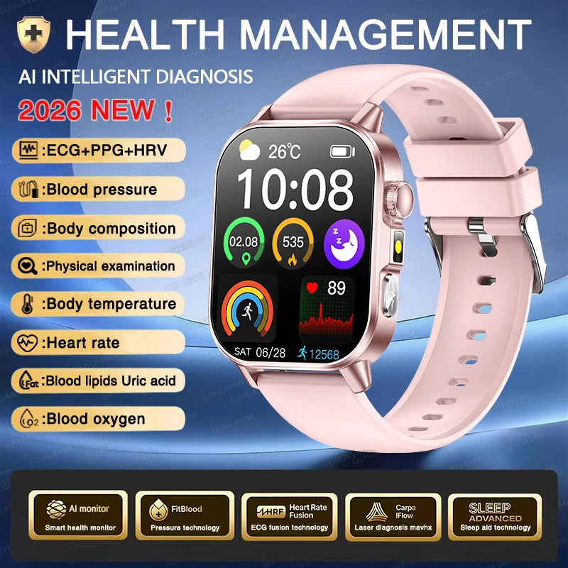 Vabena Men's ECG Smartwatch: Accurate Health Diagnosis with Blood Pressure, Oxygen, Fat, Uric Acid & Temp Monitoring