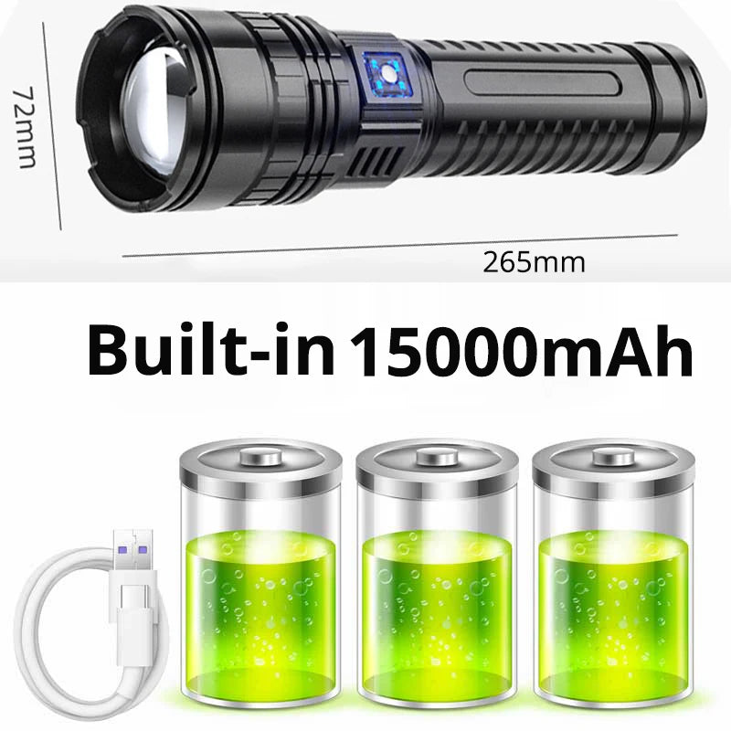 Vabena 10000LM 800W Tactical Flashlight - 4km Beam, Powerbank