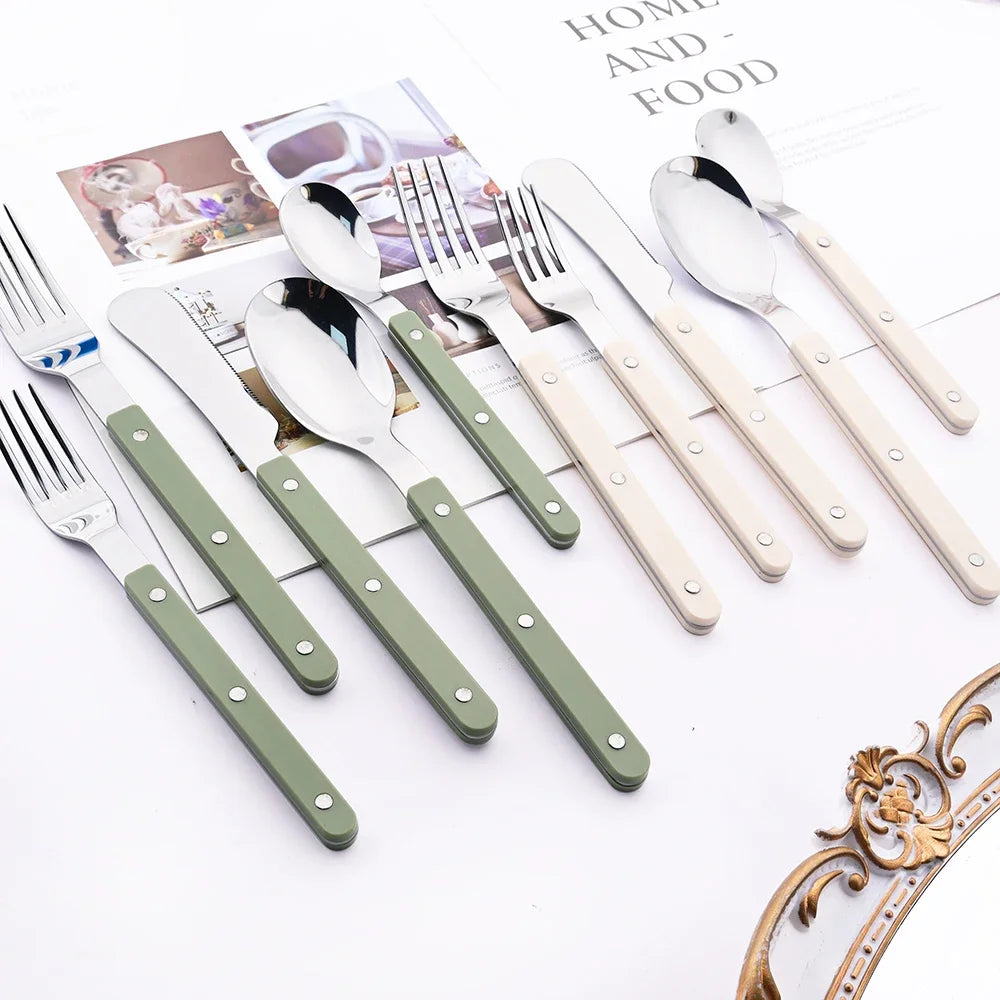 Elegant Beige Silver Acrylic Handle Cutlery Set - 4/16 Pc Stainless Steel Dinnerware