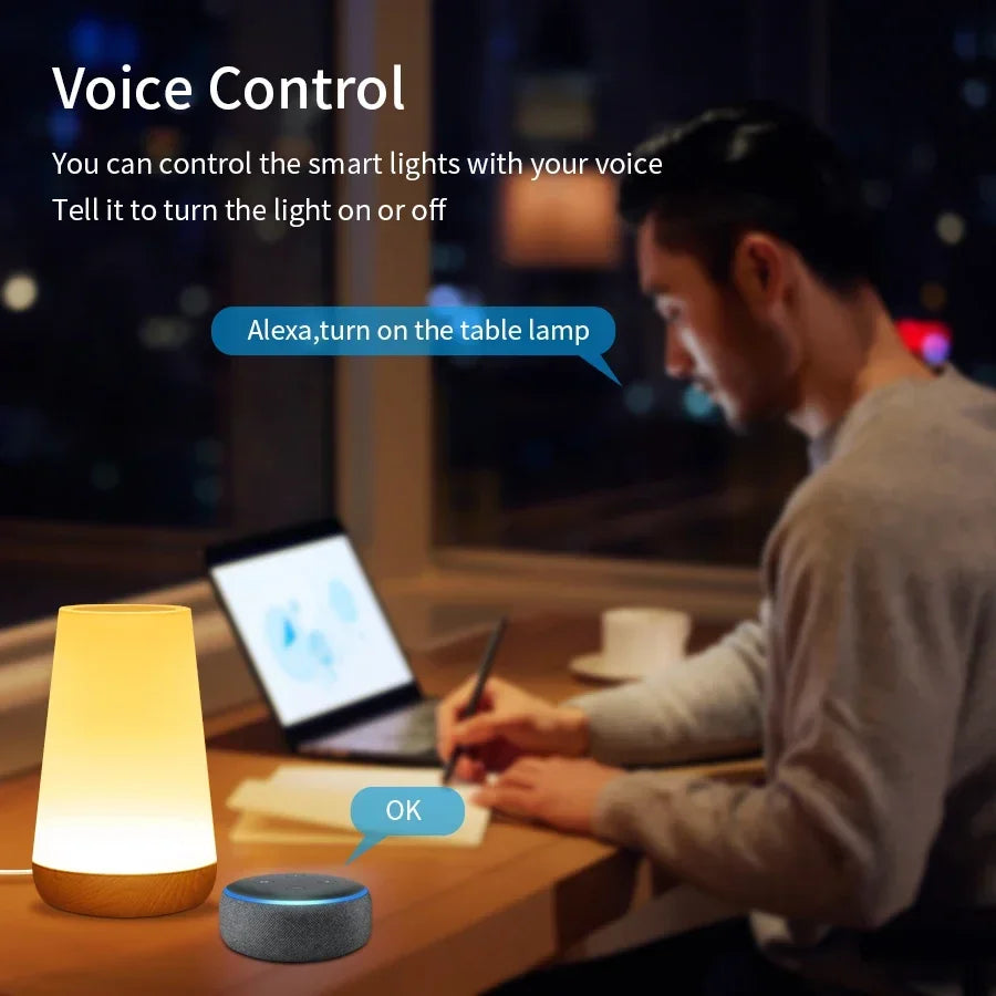 TUYA WiFi Smart LED Touch Bedside Lamp - Dimmable Night Light with USB, Alexa, Google Home