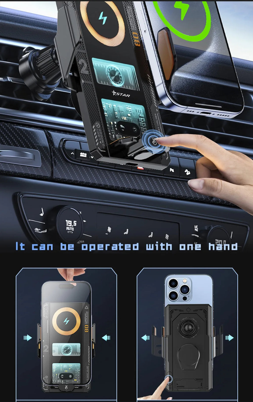 Smart Sensing Car Phone Mount | 15W Wireless & 66W Fast Charging Auto Clamping Holder
