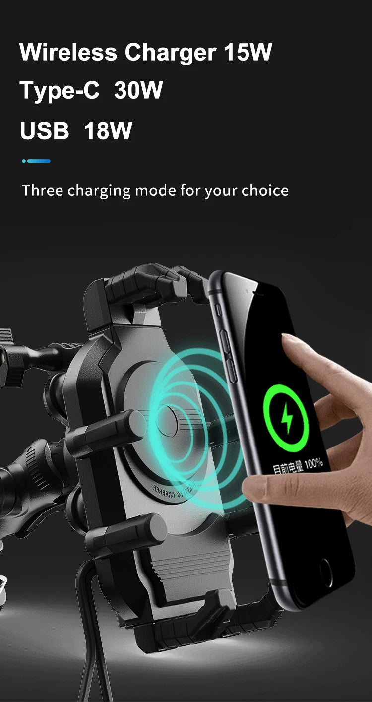 Motorcycle Phone Holder & Fast Charger - Wireless, USB, Type C | Shockproof Bike Mount