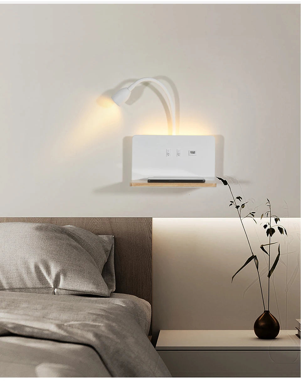 Modern 360° Rotatable LED Wall Lamp with USB & Wireless Charging for Bedside