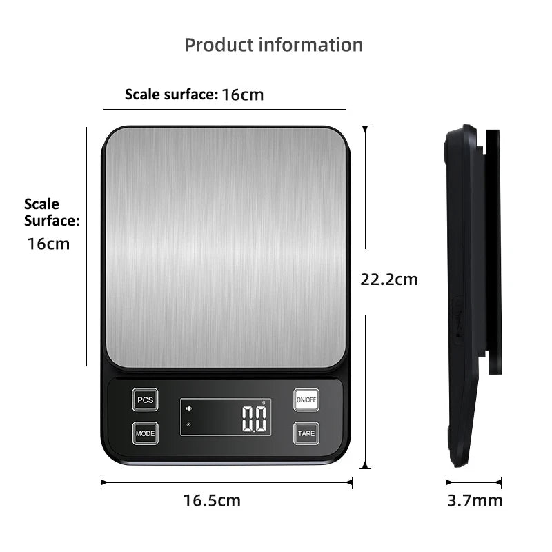 Digital Waterproof Stainless Steel Kitchen Scale - 3/5/10kg, 0.1g Precision