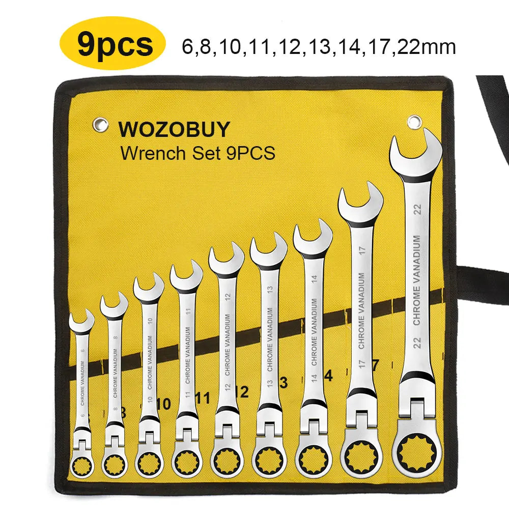 Ratcheting Flex Head Spanner Set | 6-23mm Metric Wrench Kit