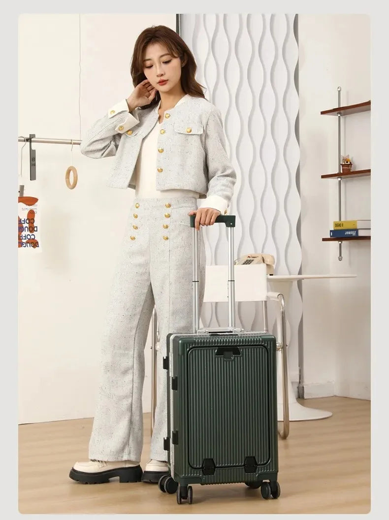 Vabena Front Opening USB Charging Aluminum Carry-on Suitcase