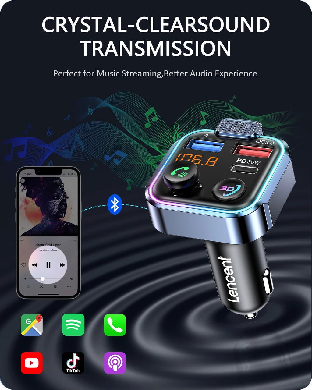 LENCENT Bluetooth 5.3 FM Transmitter | PD 30W QC3.0 Car Charger & Hands-Free Kit