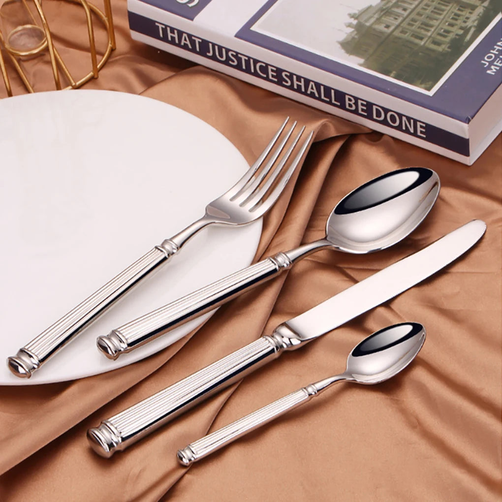 Elegant Striped Silver Cutlery Set - Premium Stainless Steel 304