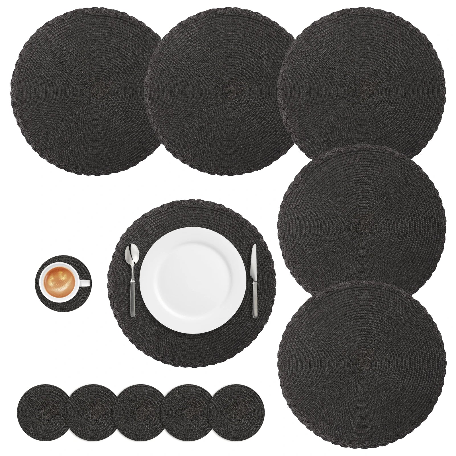 Set of 12 Round Braided Placemats & Coasters | Washable, Heat Resistant & Non-Slip