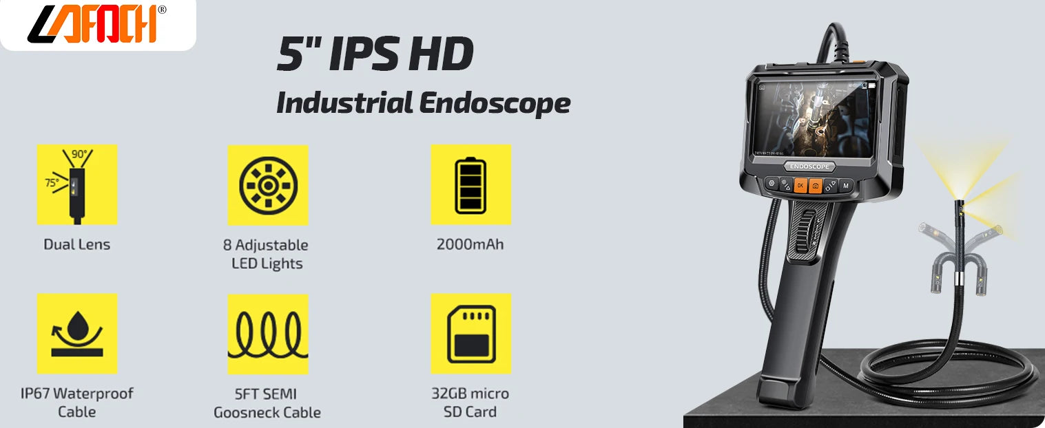 Vabena 360° Rotating Dual-Lens Endoscope - 3.9MM Industrial Inspection Camera with 5-inch IPS Display