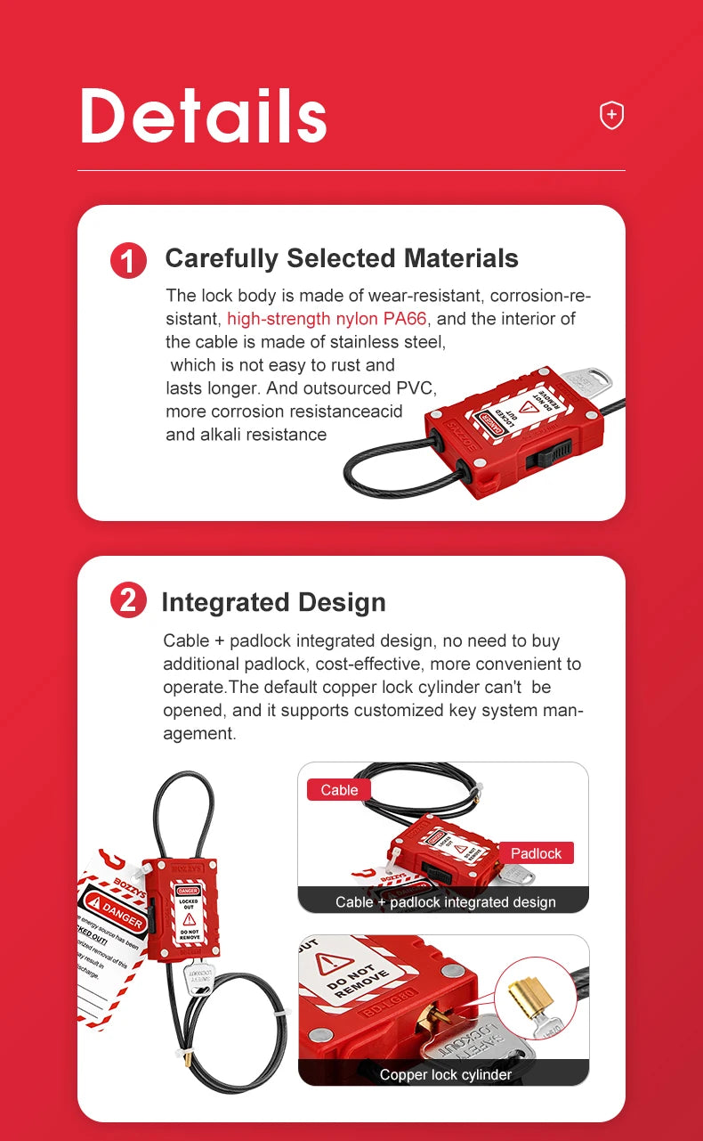 BOZZYS Adjustable Cable Lockout Padlock - Industrial Safety Lock
