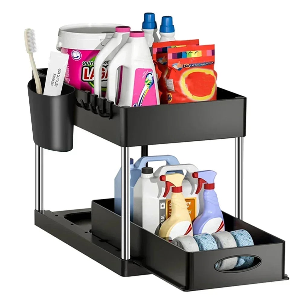 2-Tier Under Sink Organizer - Sliding Cabinet Basket Storage Rack for Bathroom & Kitchen