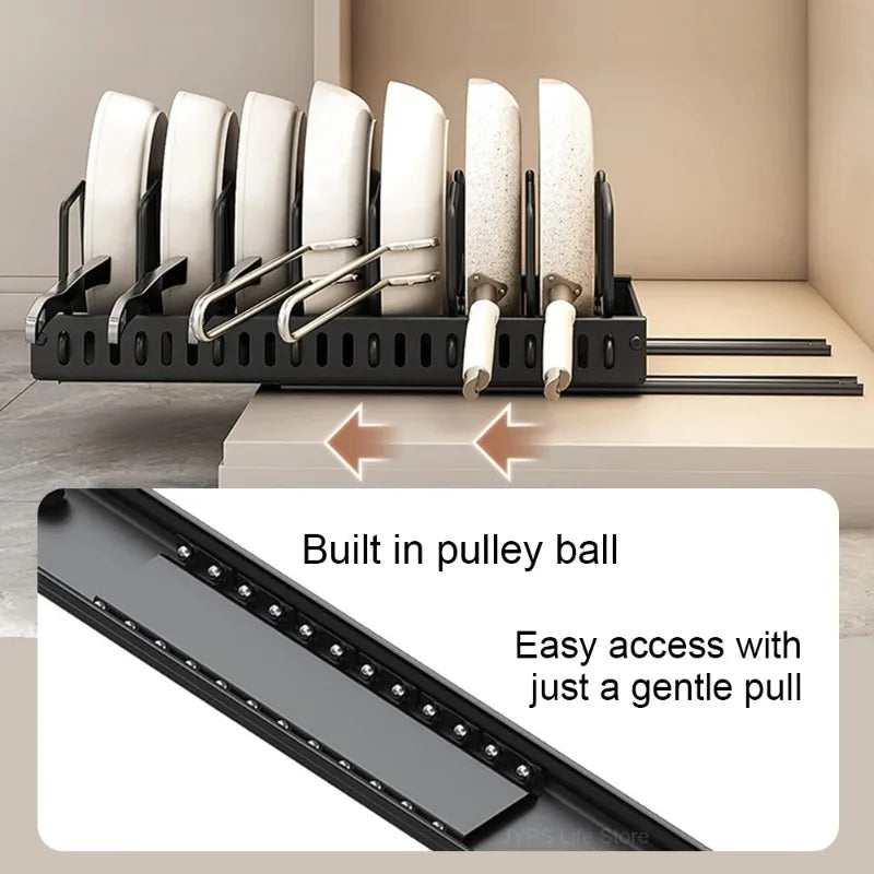 Kitchen Multifunctional Pull-Out Organizer for Pots, Pans, Lids, Spices & Dishes