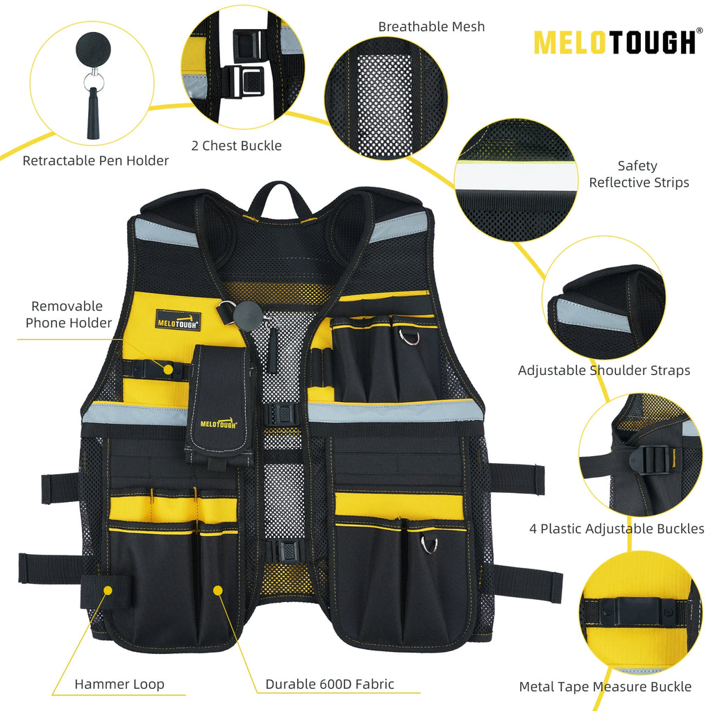 MELOTOUGH Reflective Safety Tool Vest with Removable Phone Holder - High Visibility Workwear