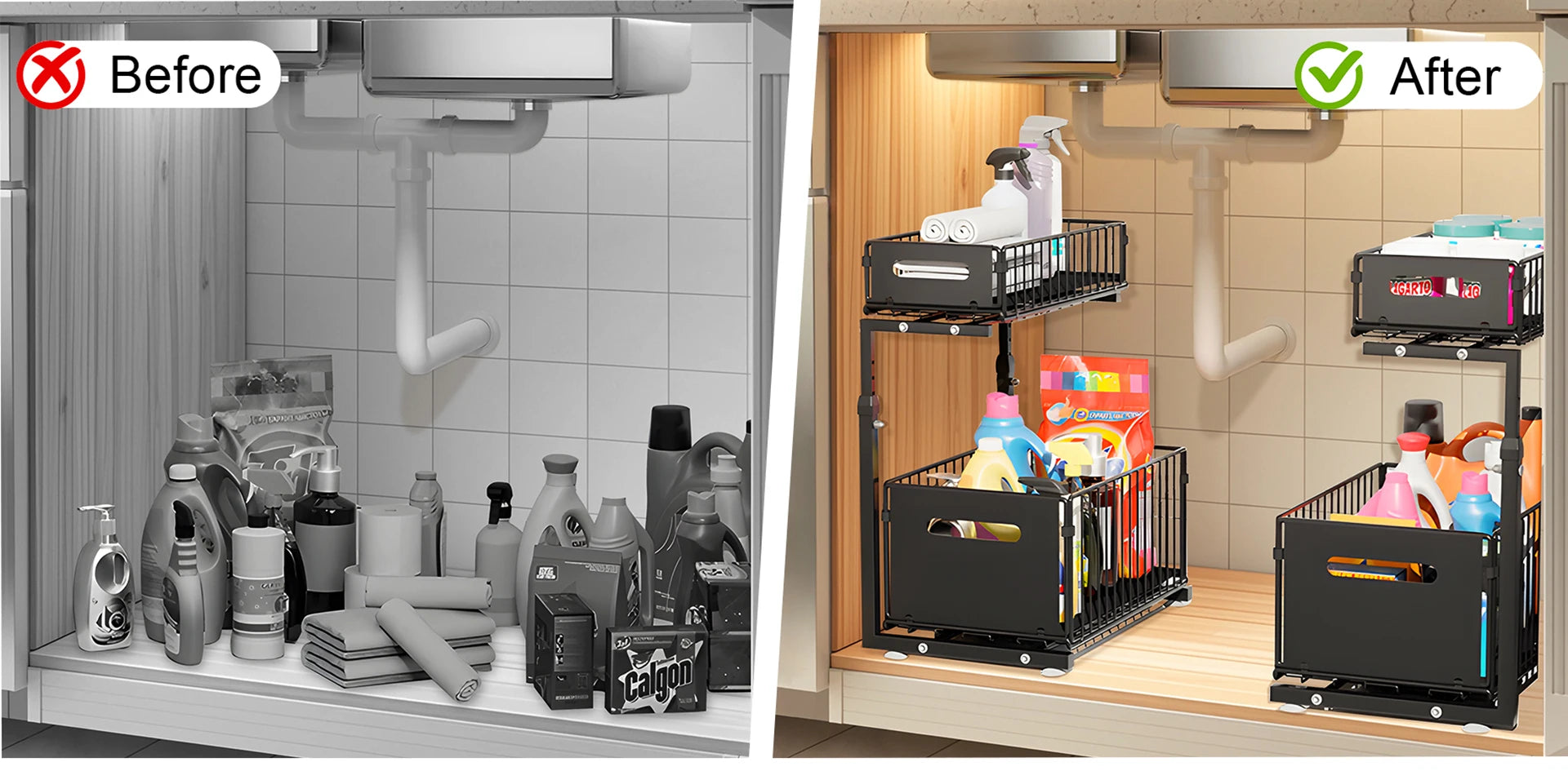 2-Tier Pull-Out Cabinet Organizer - Adjustable Under Sink Storage & Spice Rack