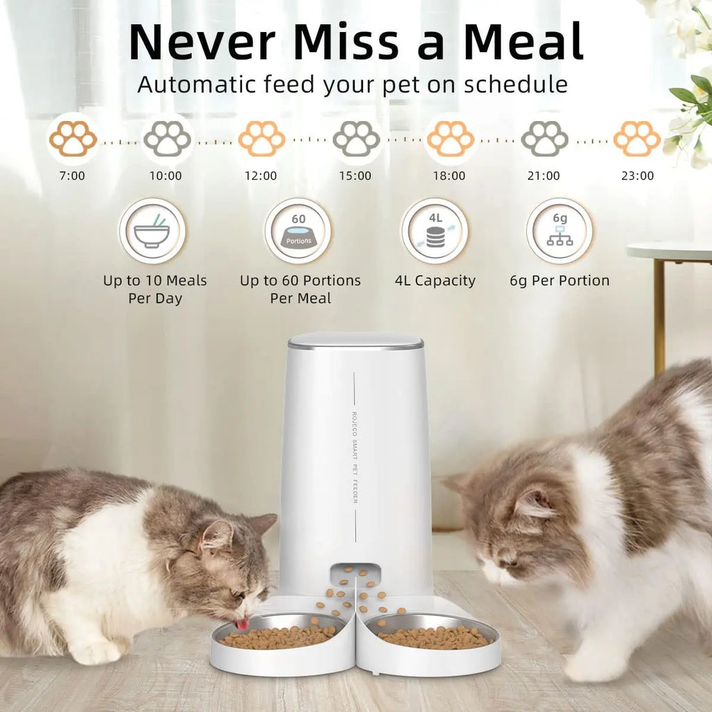 ROJECO Smart WiFi Double Automatic Pet Feeder | Remote Control Kibble Dispenser