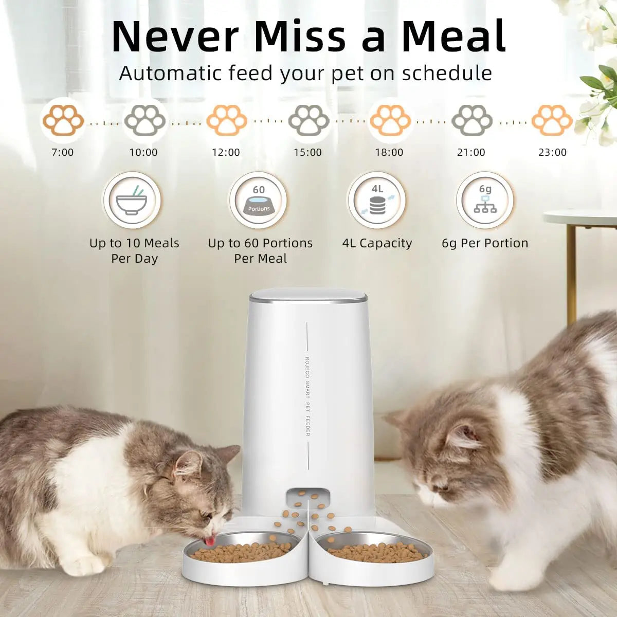 ROJECO Smart WiFi Double Automatic Pet Feeder | Remote Control Kibble Dispenser