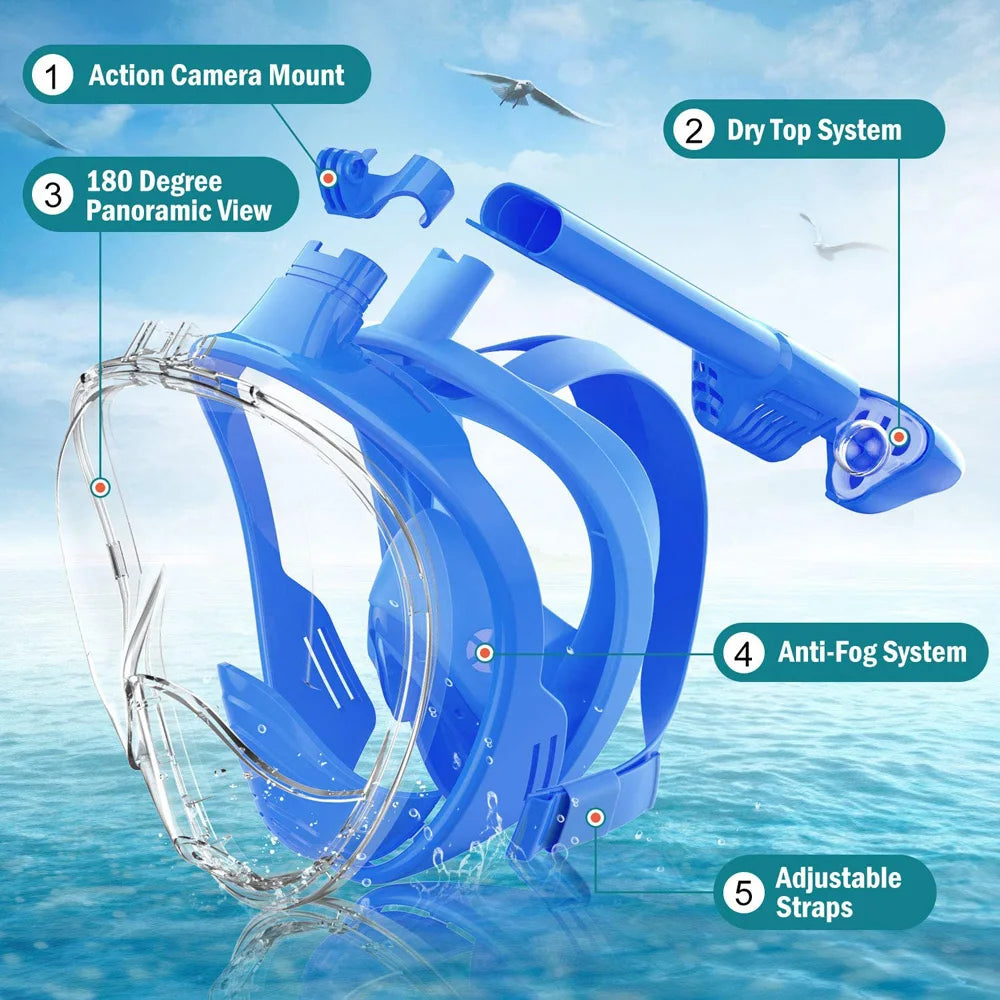 Vabena Full Face Diving Mask - Anti-Fog Snorkel Gear for Adults & Kids