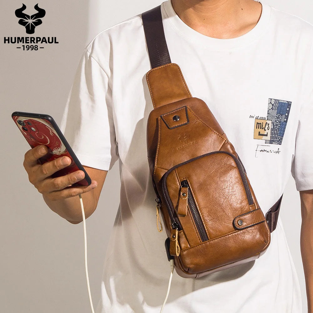 HUMERPAUL Men's Genuine Leather USB Crossbody Chest Bag - Travel & Fashion