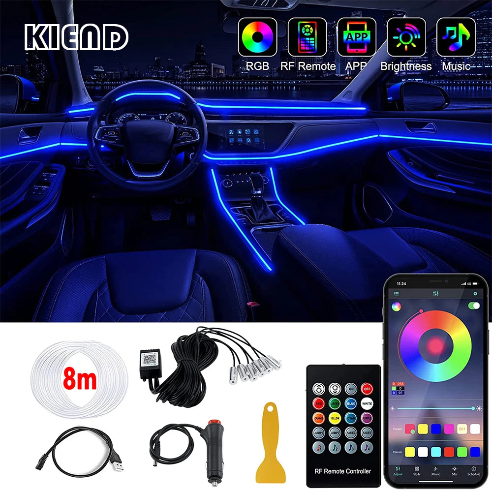 LED Car Interior Ambient Lighting Kit - RGB App Control Fiber Optic Strips