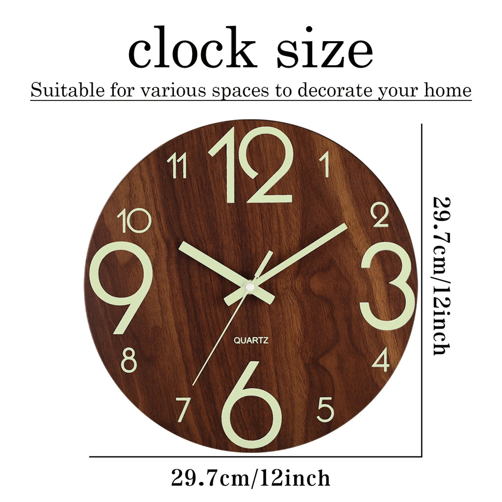 12-Inch Nordic Luminous Wood Wall Clock - Silent & Stylish