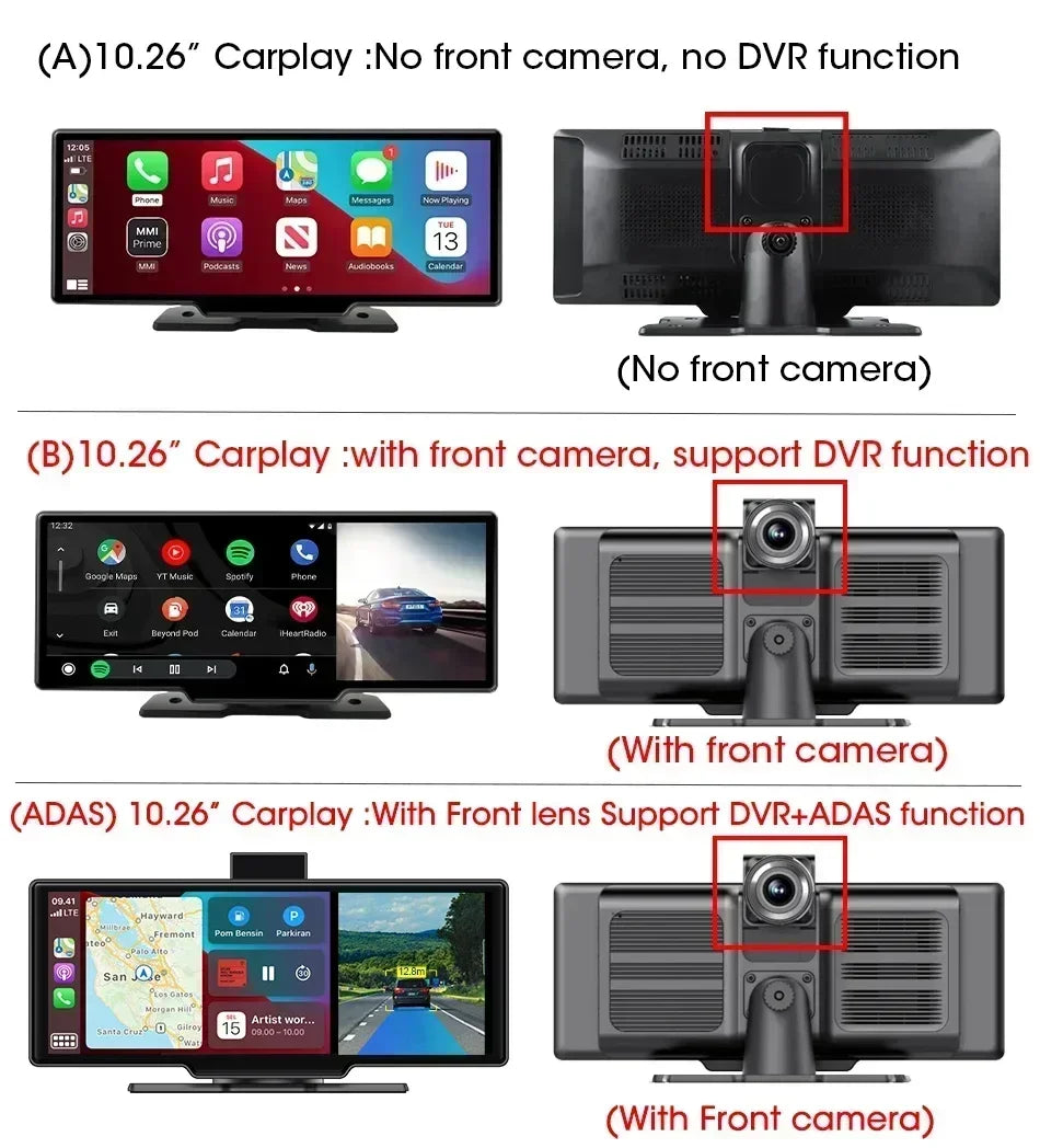 Srnubi 10.26" 4K Dash Cam with CarPlay, Android Auto & GPS