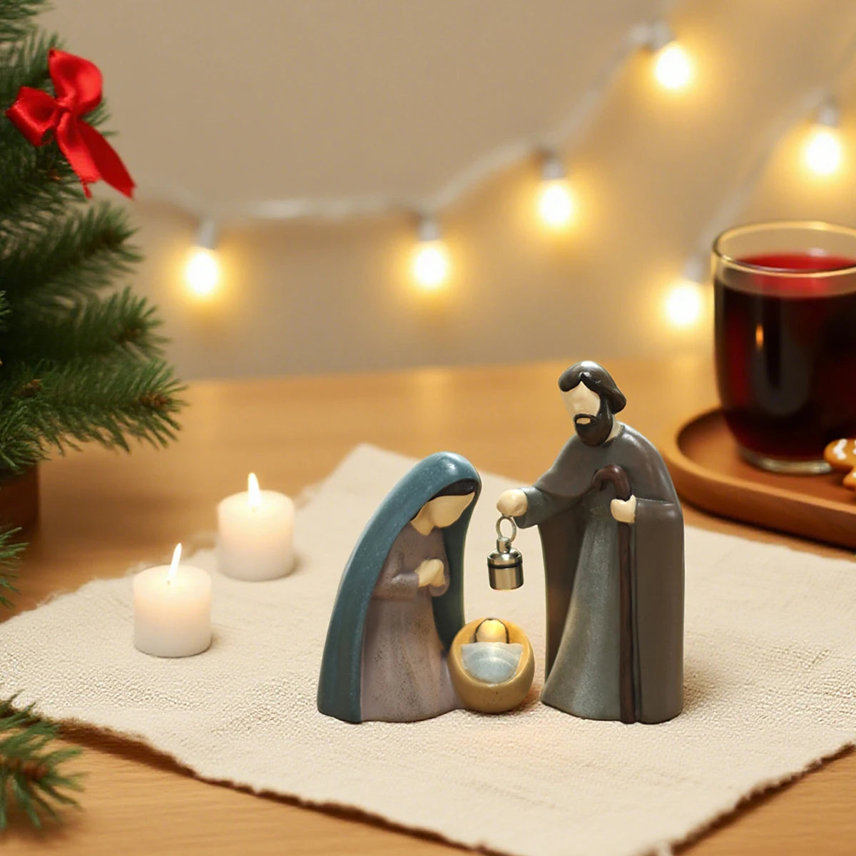Luminous Christmas Nativity Scene Ornament - 2-Piece Resin Set