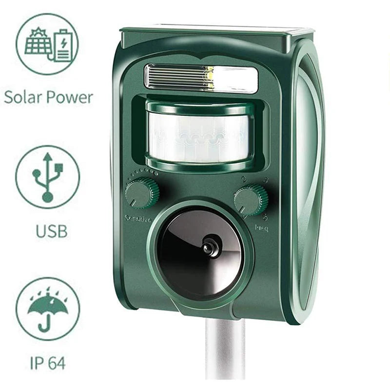 Solar Ultrasonic Animal Repeller Outdoor Pest Control with PIR Sensor