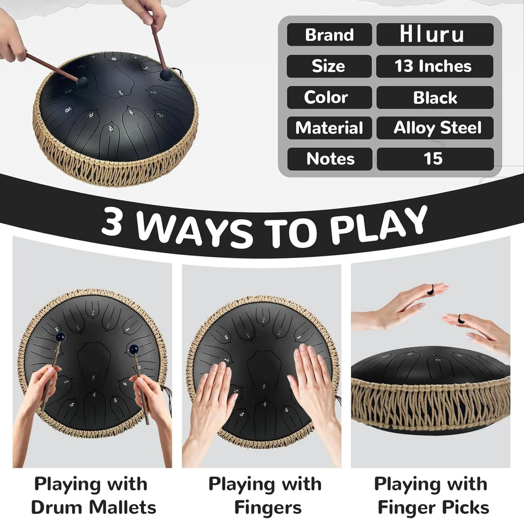 Hluru 13-inch Steel Tongue Drum - 15 Notes D Tone Glucophone Ethereal Percussion