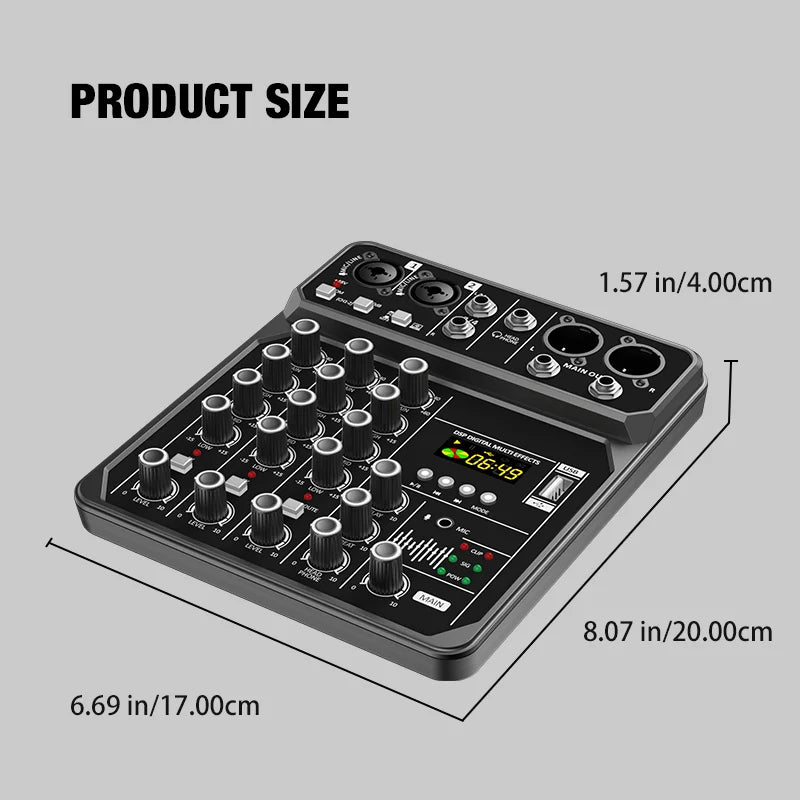 4-Channel Bluetooth Audio Mixer Console with 48V Phantom Power for USB Computer & Karaoke