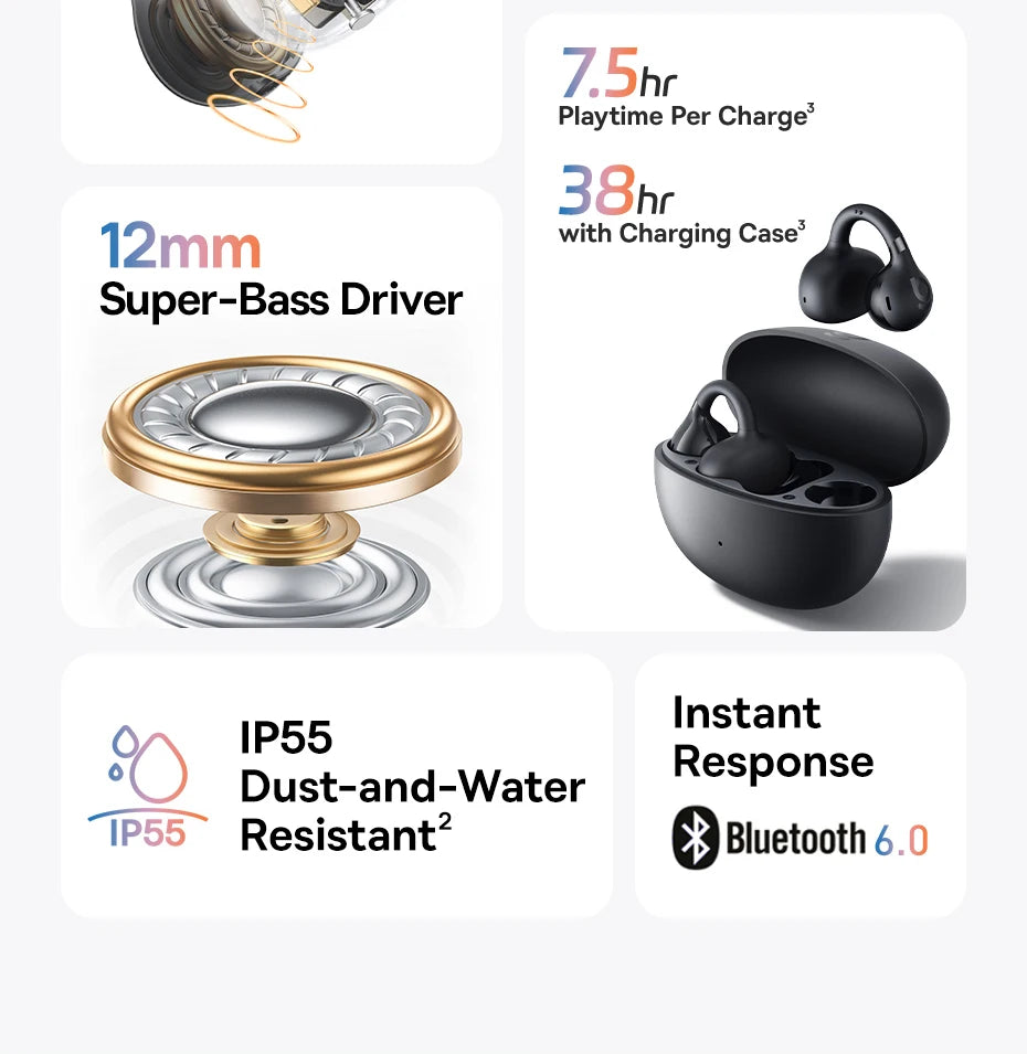 Baseus BC1 Open Ear Clip Earbuds - Wireless Bluetooth 6.0 Sports Headphones with 4-Mics & Super Bass IP55