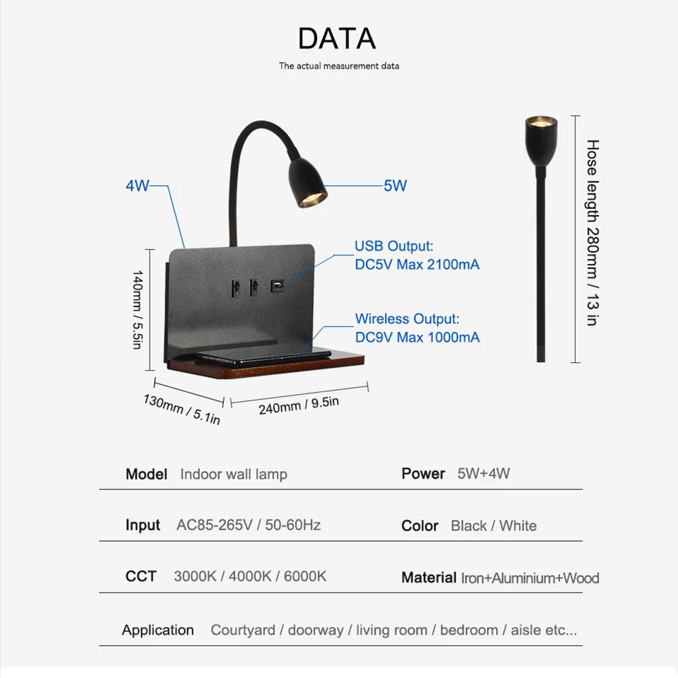 Modern 360° Rotatable LED Wall Lamp with USB & Wireless Charging for Bedside