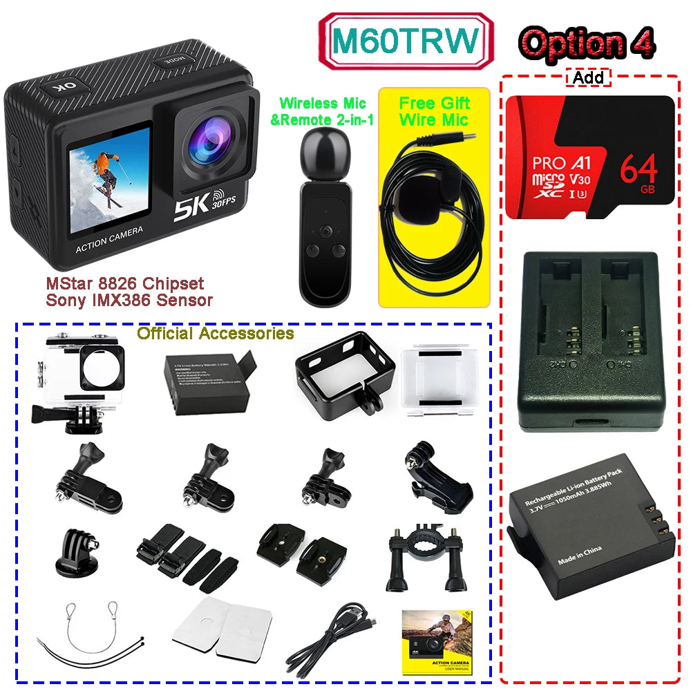 Sony IMX576 5K 4K 60FPS Waterproof 48MP Wi-Fi Action Camera for Adventure