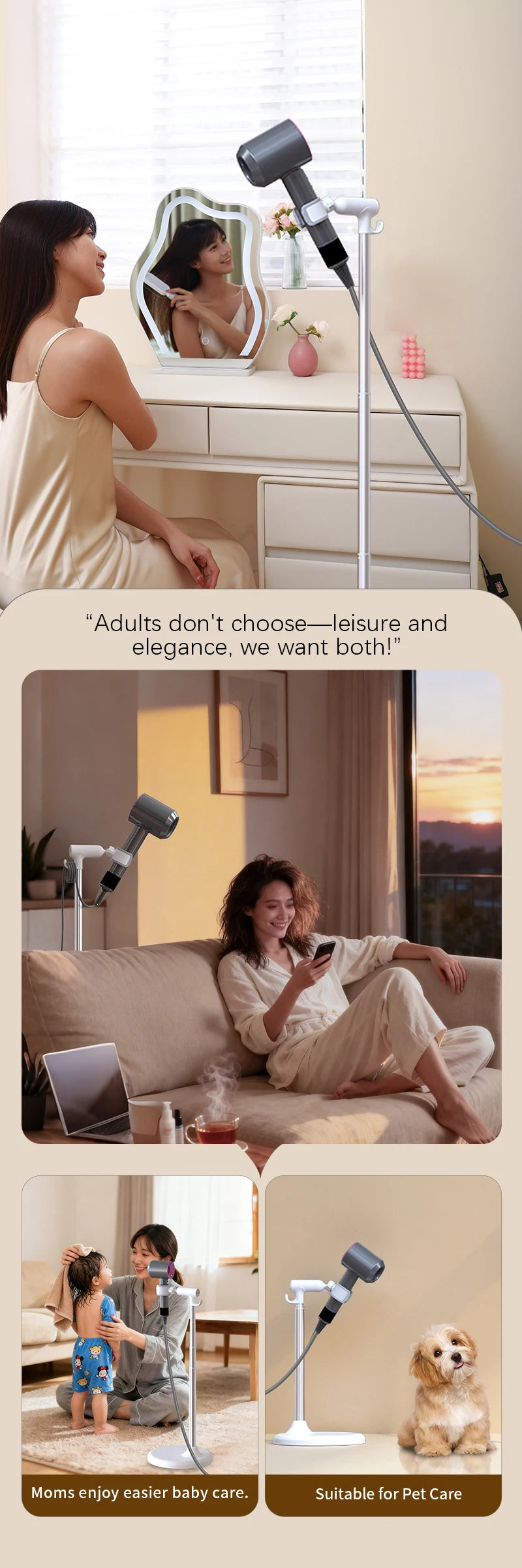Floor-Standing Hair Dryer Stand - Adjustable, Hands-Free Convenience for Bathrooms
