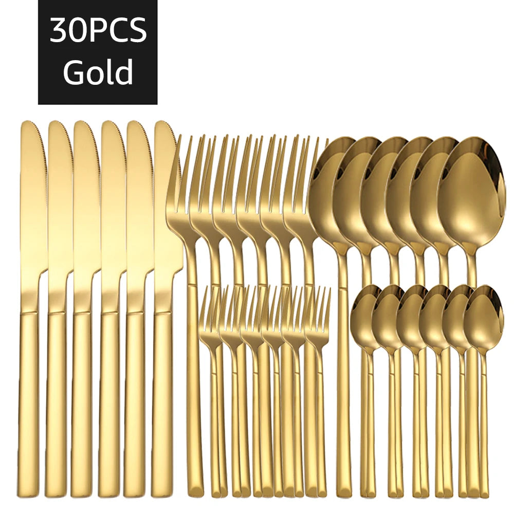 Luxury 30PCS Gold Tableware Set - Stainless Steel Cutlery for Dining