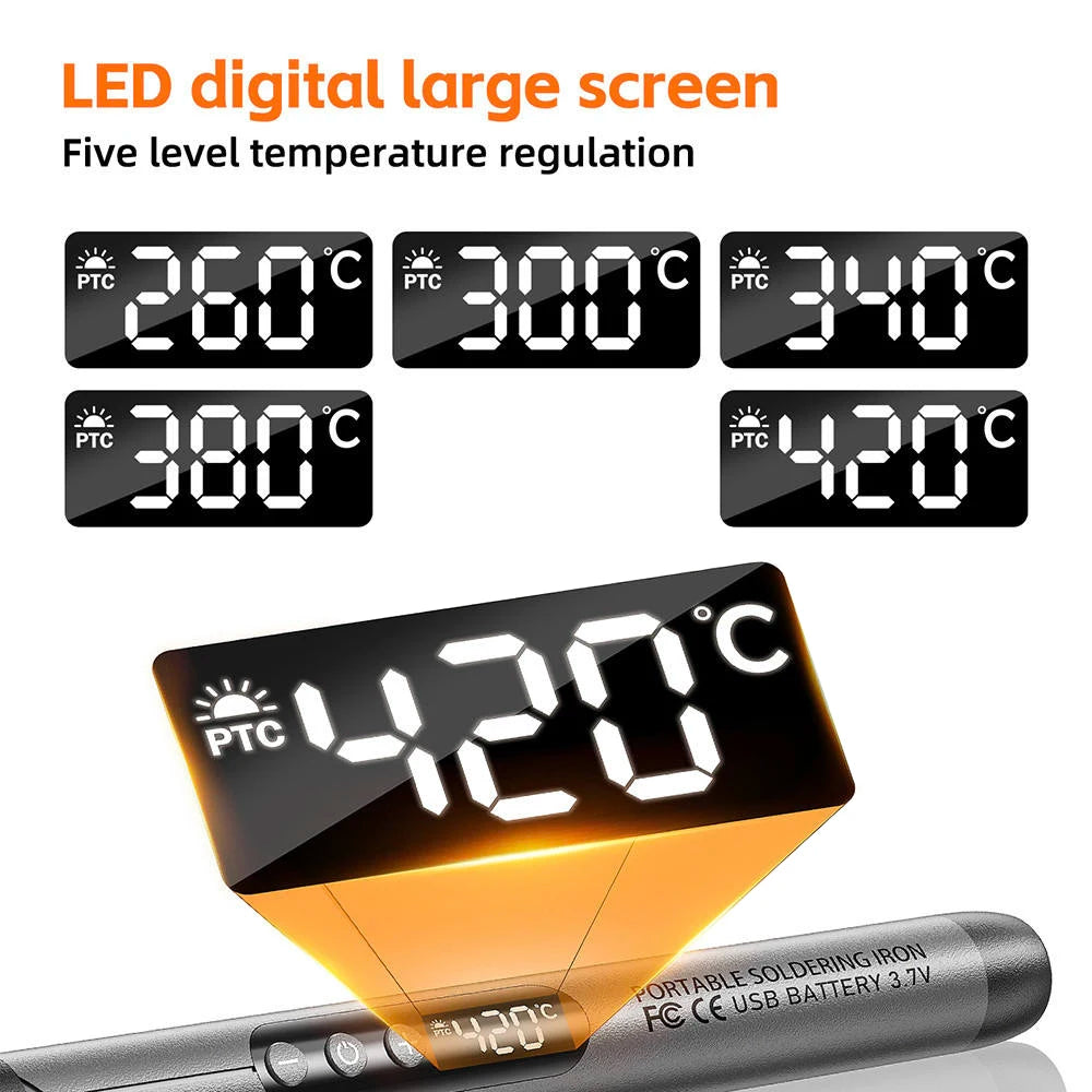 Cordless USB Digital Soldering Iron - Adjustable Temp 300-450°C Type-C 1000mAh