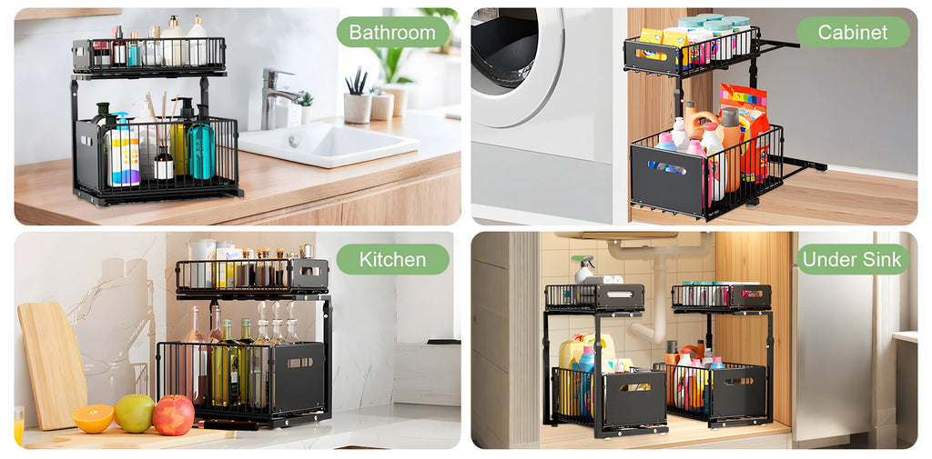 2-Tier Pull-Out Cabinet Organizer - Adjustable Under Sink Storage & Spice Rack
