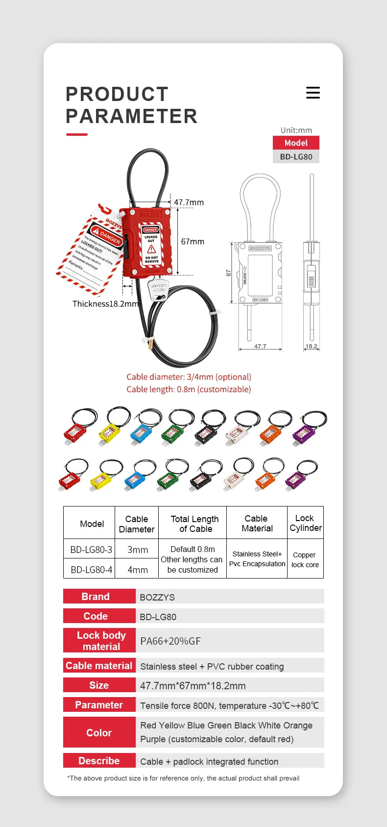 BOZZYS Adjustable Cable Lockout Padlock - Industrial Safety Lock
