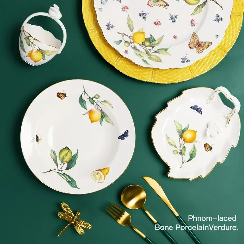 Elegant European Lemon Ceramic Dining Set | Dinner Plates & Coffee Cups