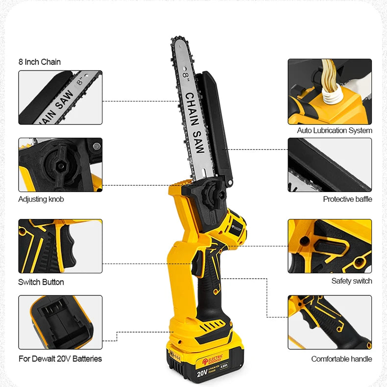 8-Inch 1380W Brushless Electric Chainsaw - Professional Pruning Saw for Dewalt 20V