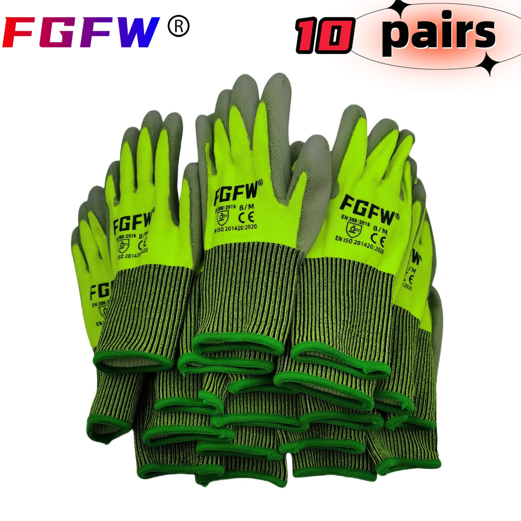 10 Pairs Military-Grade Level C Cut Resistant Gloves EN388 Certified for Industrial Use