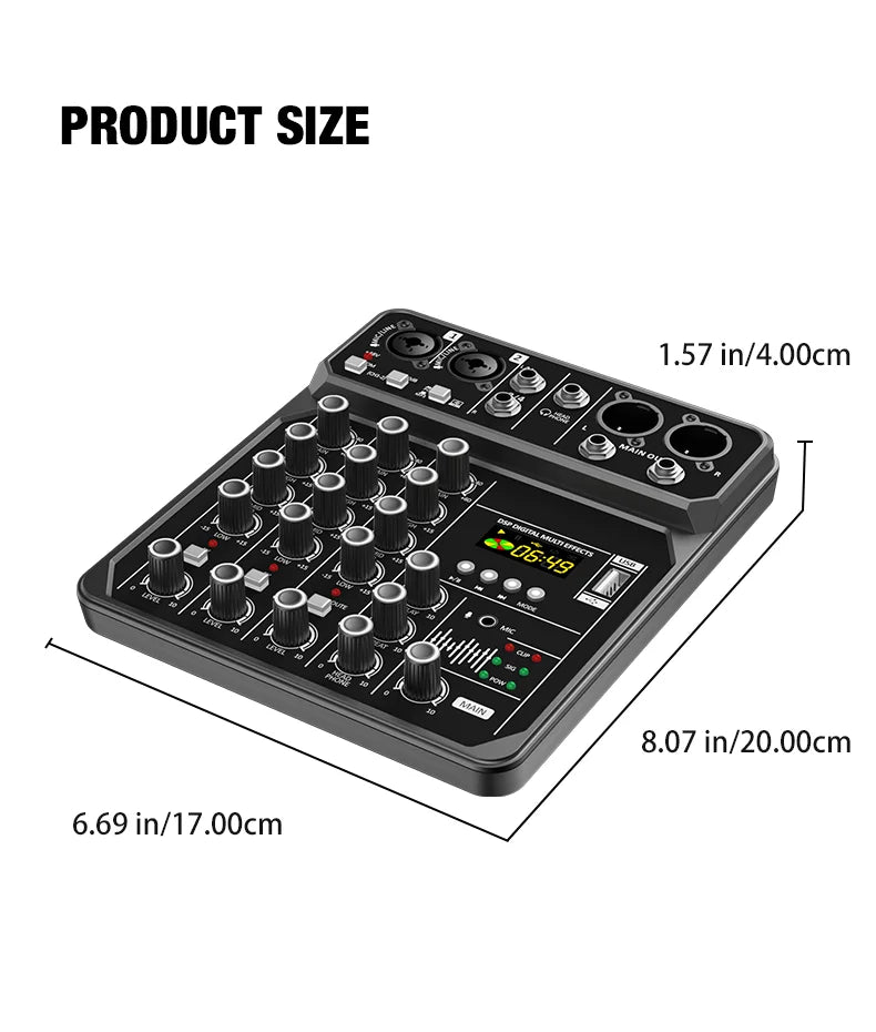 4-Channel Bluetooth Audio Mixer Console with 48V Phantom Power for USB Computer & Karaoke