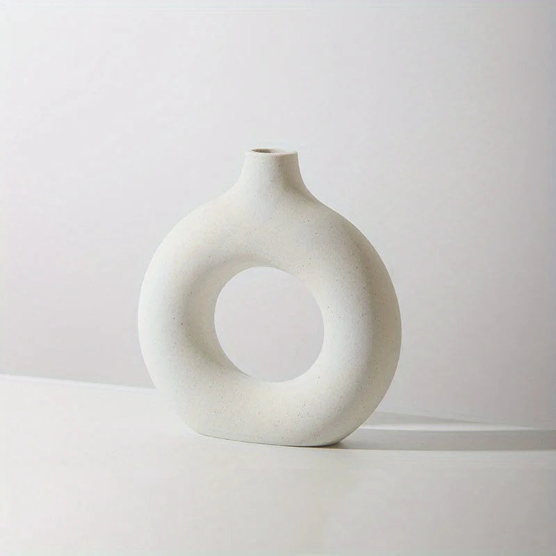 Elegant White/Beige Ceramic Donut Vase | Modern Home Decor