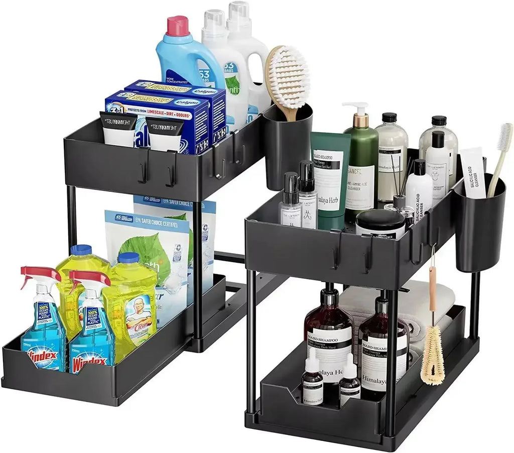 2-Tier Under Sink Organizer - Sliding Cabinet Basket Storage Rack for Bathroom & Kitchen