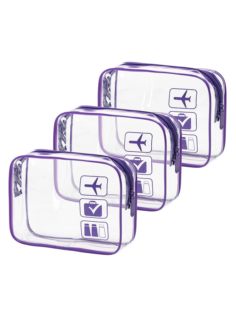 Vabena 3 Pcs Clear Travel Toiletry Bags - Airport Compliant Cosmetic Pouches