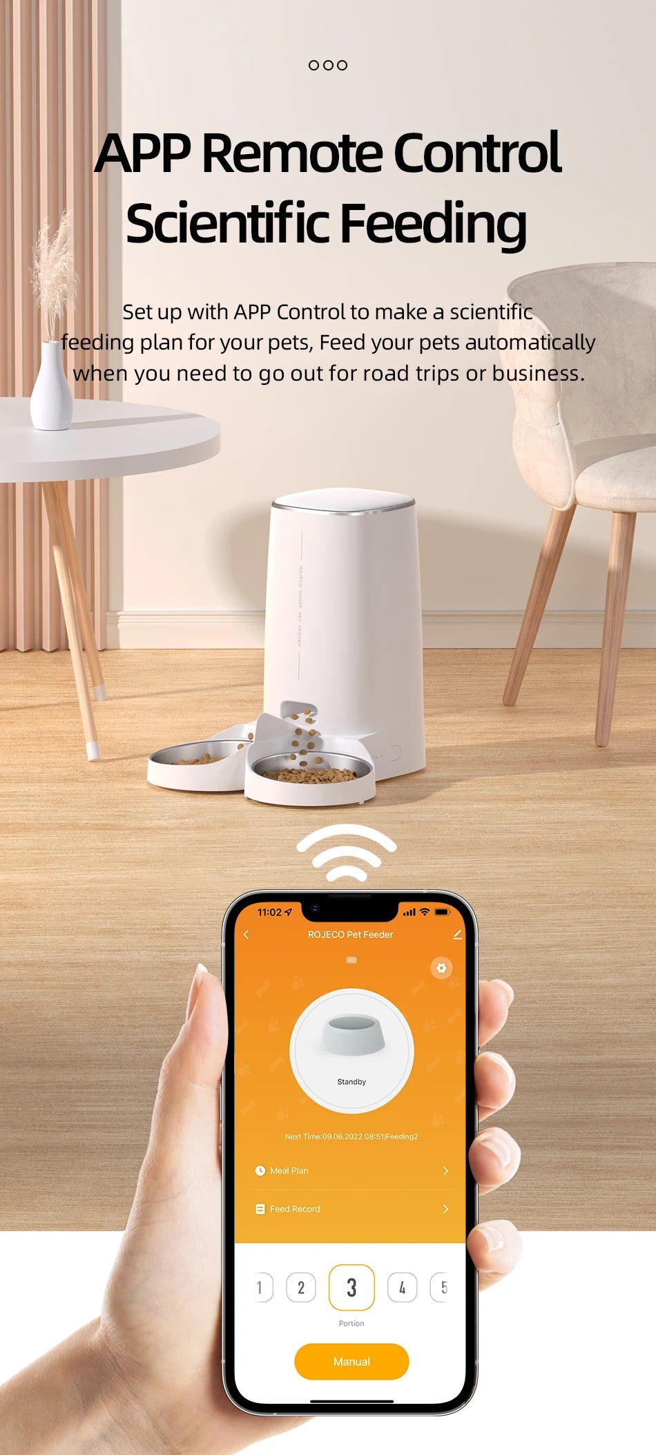 ROJECO Smart WiFi Double Automatic Pet Feeder | Remote Control Kibble Dispenser