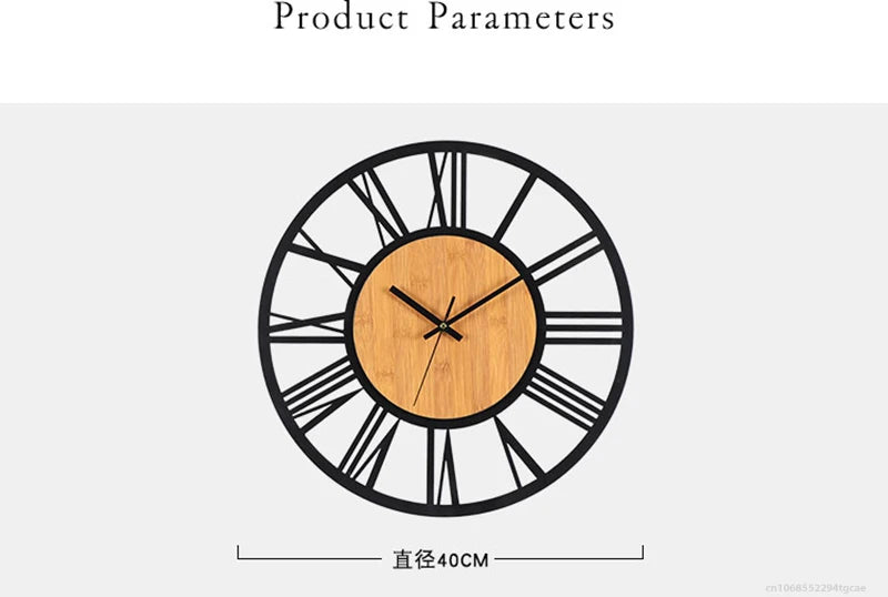 Nordic Retro 3D Large Wall Clock - Silent Roman Numerals Wood Metal Iron Decor