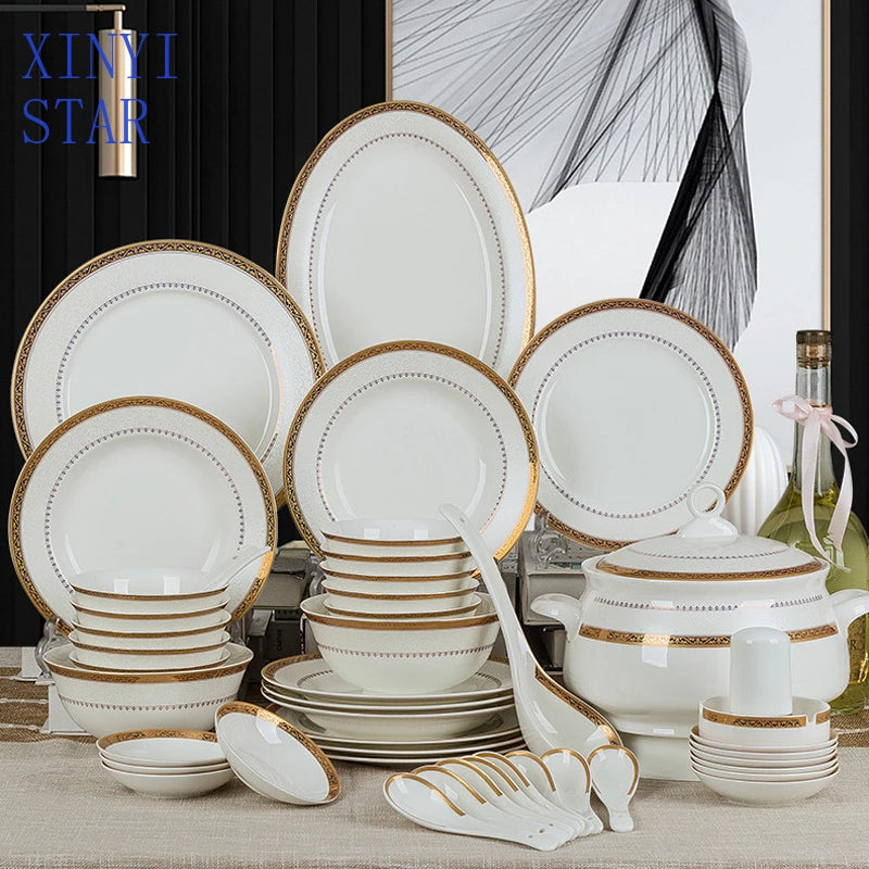 Luxury 58-Pc Gold Rim Bone China Dinnerware Set - Elegant Dining