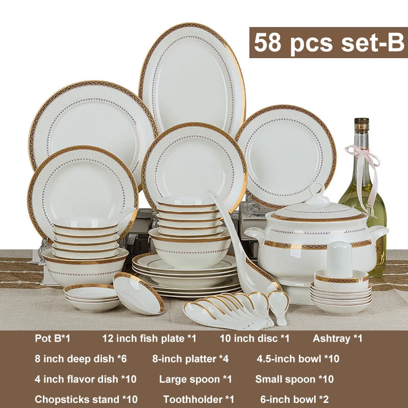 Luxury 58-Pc Gold Rim Bone China Dinnerware Set - Elegant Dining